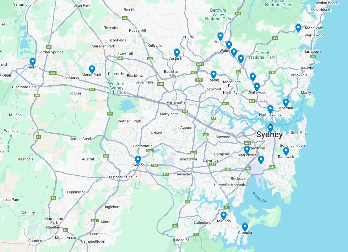 Map representing Sydney areas served by Super Solutions Australia